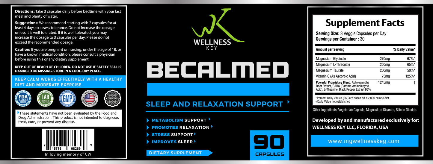 BeCalmed by Wellness Key | Stress relief | Improve Sleep and Promotes Relaxation | Mental Clarity and Focus | Metabolism Support | Natural Ingredients | 90 capsules