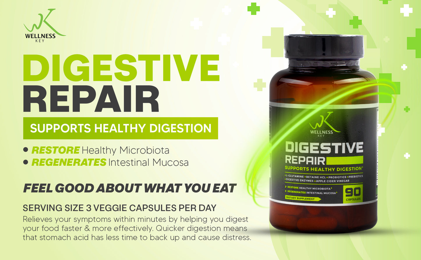 Digestive Repair by Wellness Key| Repairs and Restores Gut Health | Aids with Digestion and Improves Digestive Function | No Bloating | Natural Ingredients | 90 Capsules